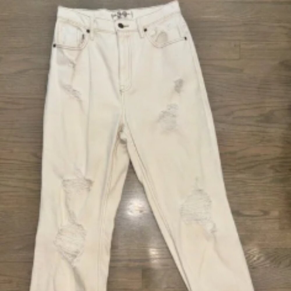 We The Free Ivory Cream High Waisted Distressed Jeans Womens size 29 Free People